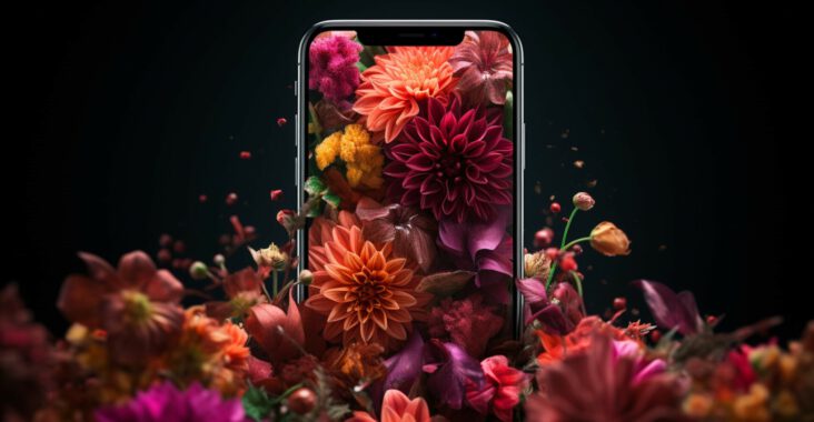 Ein iPhone umgeben von einem prächtigen Blumenmeer, das in lebendigen Farben vom Bildschirm zu explodieren scheint, symbolisiert die Schönheit und Kraft der neuesten Technologie