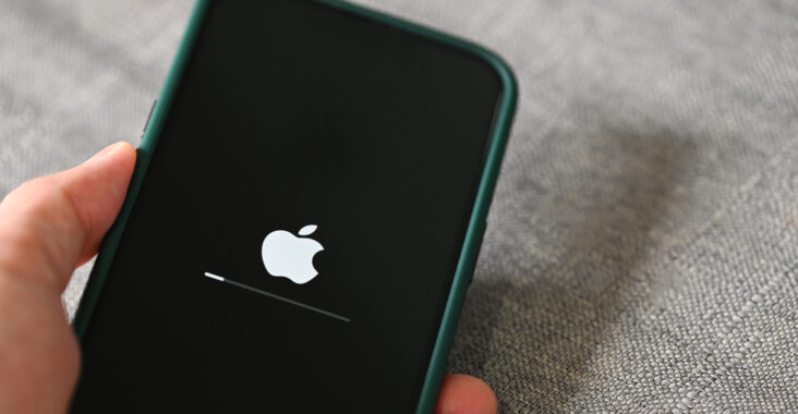 Ein iPhone 11 in der Farbe Mitternachtsgrün wird in einer Hand gehalten, während es sich in der Mitte des Startvorgangs befindet, erkennbar am Apple-Logo und dem Ladebalken auf dem schwarzen Bildschirm. Der Hintergrund ist unscharf, aber man kann erkennen, dass das Telefon auf einer grauen Textiloberfläche liegt, was eine alltägliche Szene, möglicherweise in einem Wohnzimmer oder Büro, suggeriert
