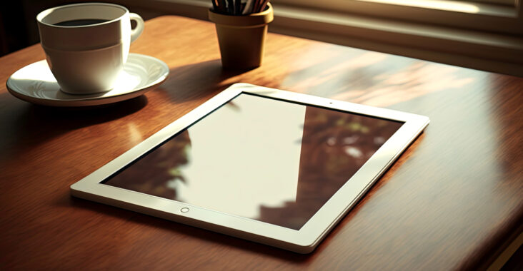 Ein iPad liegt auf einem Holztisch neben einer weißen Kaffeetasse auf einem Unterteller und einem Stifthalter, beleuchtet durch das warme Licht eines Fensters
