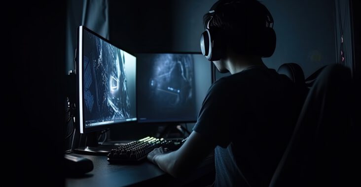 Ein Gamer, der Kopfhörer trägt, sitzt im Dunkeln vor einem beleuchteten Doppel-Monitor-Setup und spielt ein Videospiel. Die Tastatur auf dem Schreibtisch leuchtet mit grünen Lichtern. Die Szene strahlt eine intensive und fokussierte Gaming-Atmosphäre aus